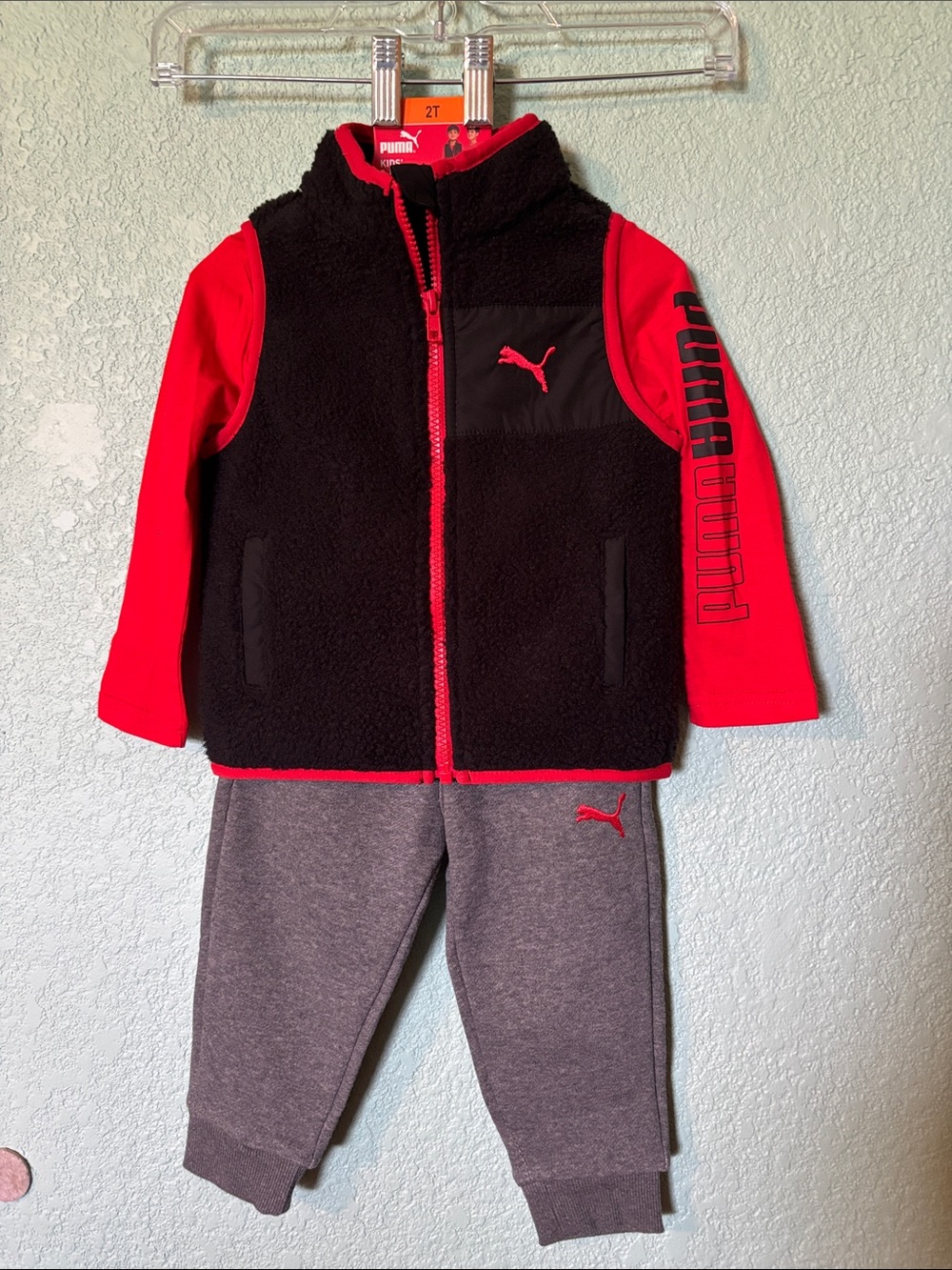 Puma Black Sherpa Vest with Red Long Sleeves Shirt & Gray Joggers, 2T - like new